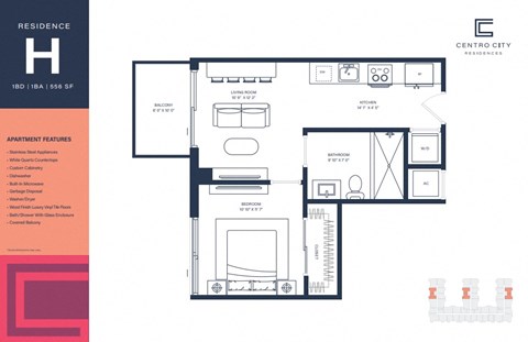 Floor plan for 1 bed, 1 bath, 556 sqft